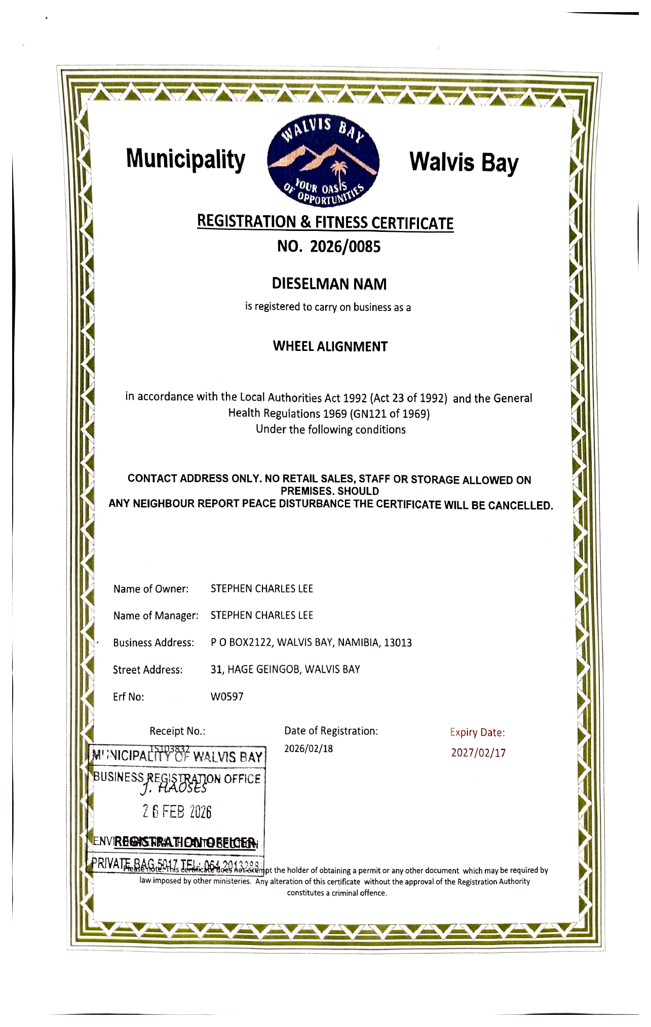 Municipality of Walvis Bay registration and fitness certificate for Dieselman Nam wheel alignment.