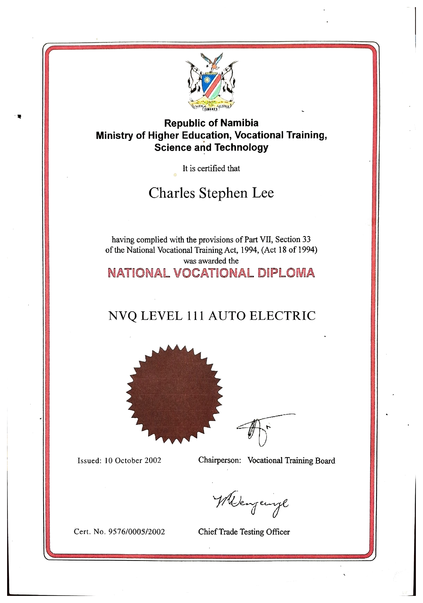 Redacted public copy of Charles Stephen Lee's National Vocational Diploma, NVQ Level III Auto Electric.