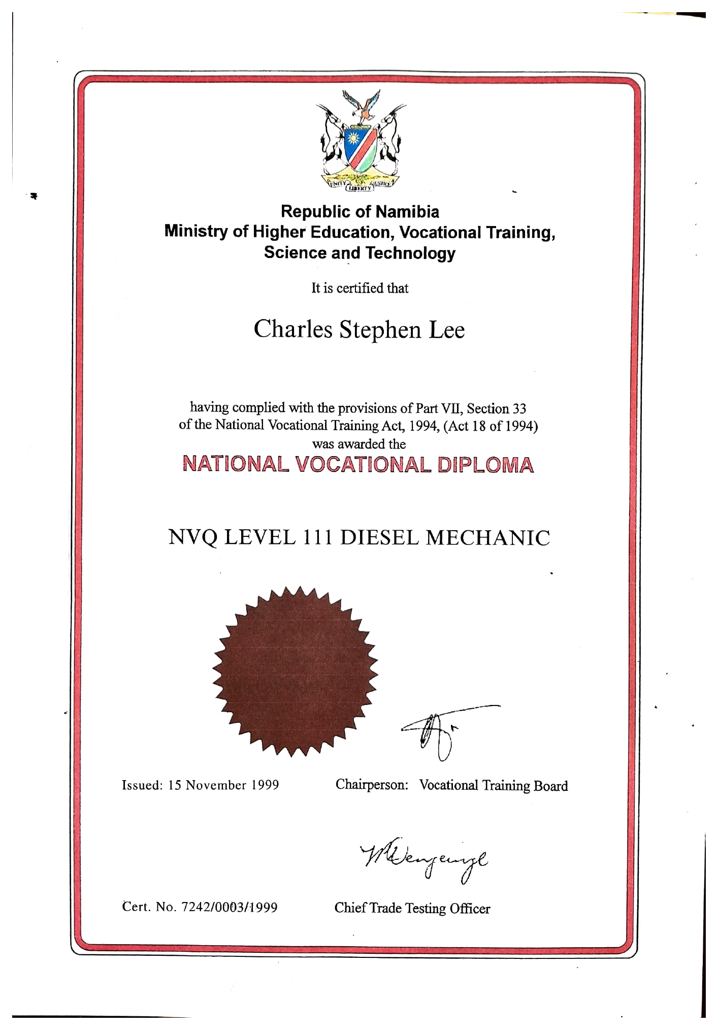 Redacted public copy of Charles Stephen Lee's National Vocational Diploma, NVQ Level III Diesel Mechanic.