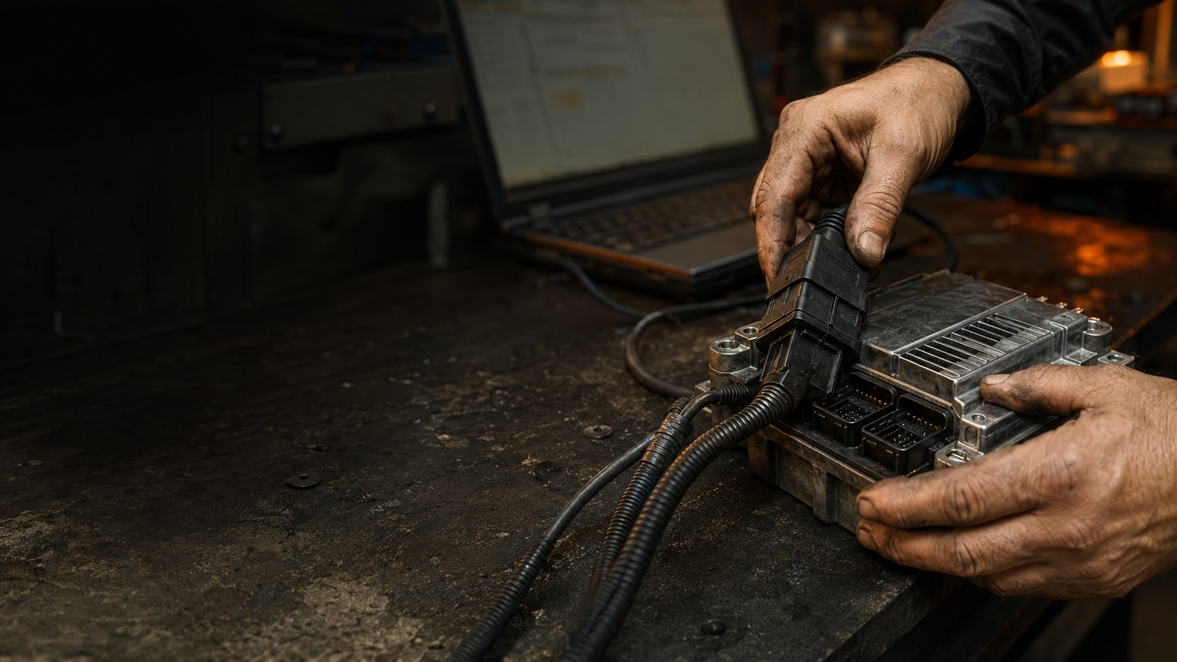 Generated supporting visual. ECU diagnostic connection on a heavy-duty truck. Not actual Dieselman equipment.