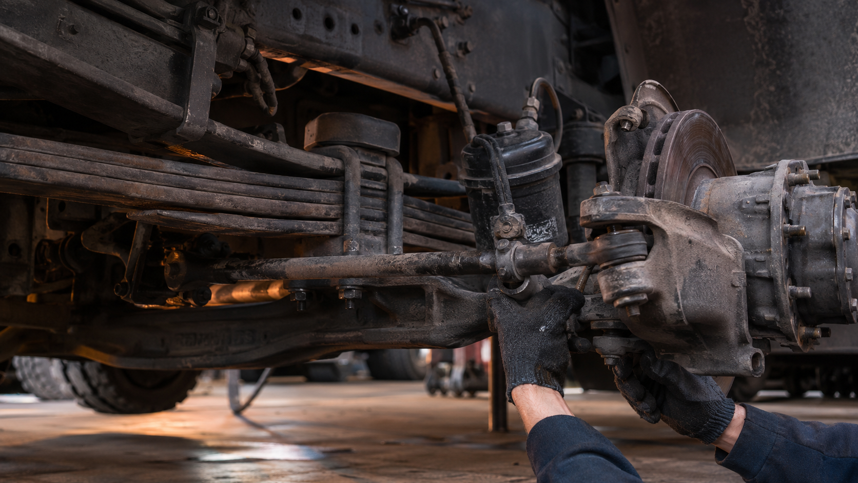 Generated supporting visual. Heavy-truck suspension and axle detail. Not Dieselman work.