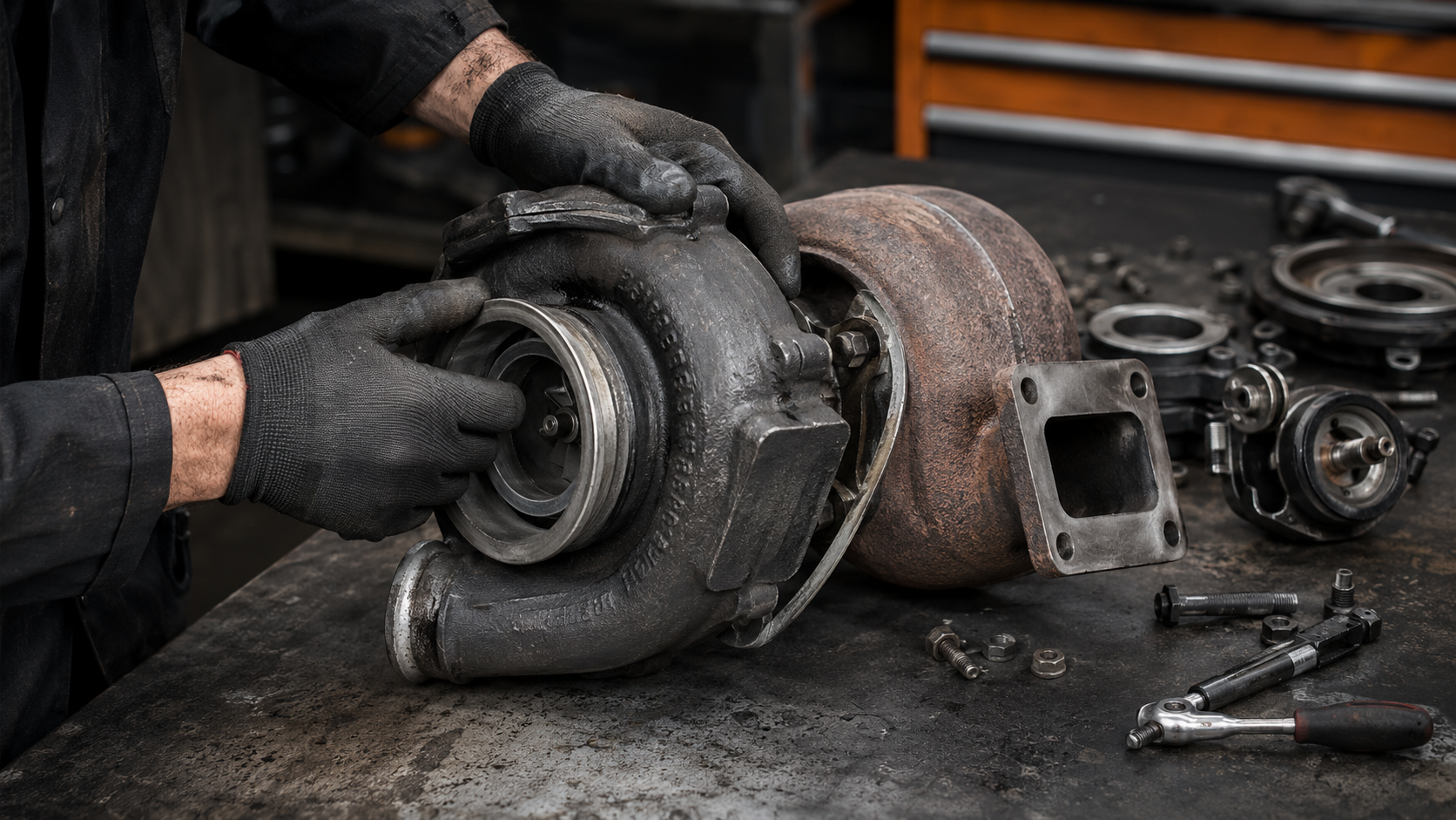Generated supporting visual. Turbocharger inspection on a workshop bench. Not actual Dieselman work.
