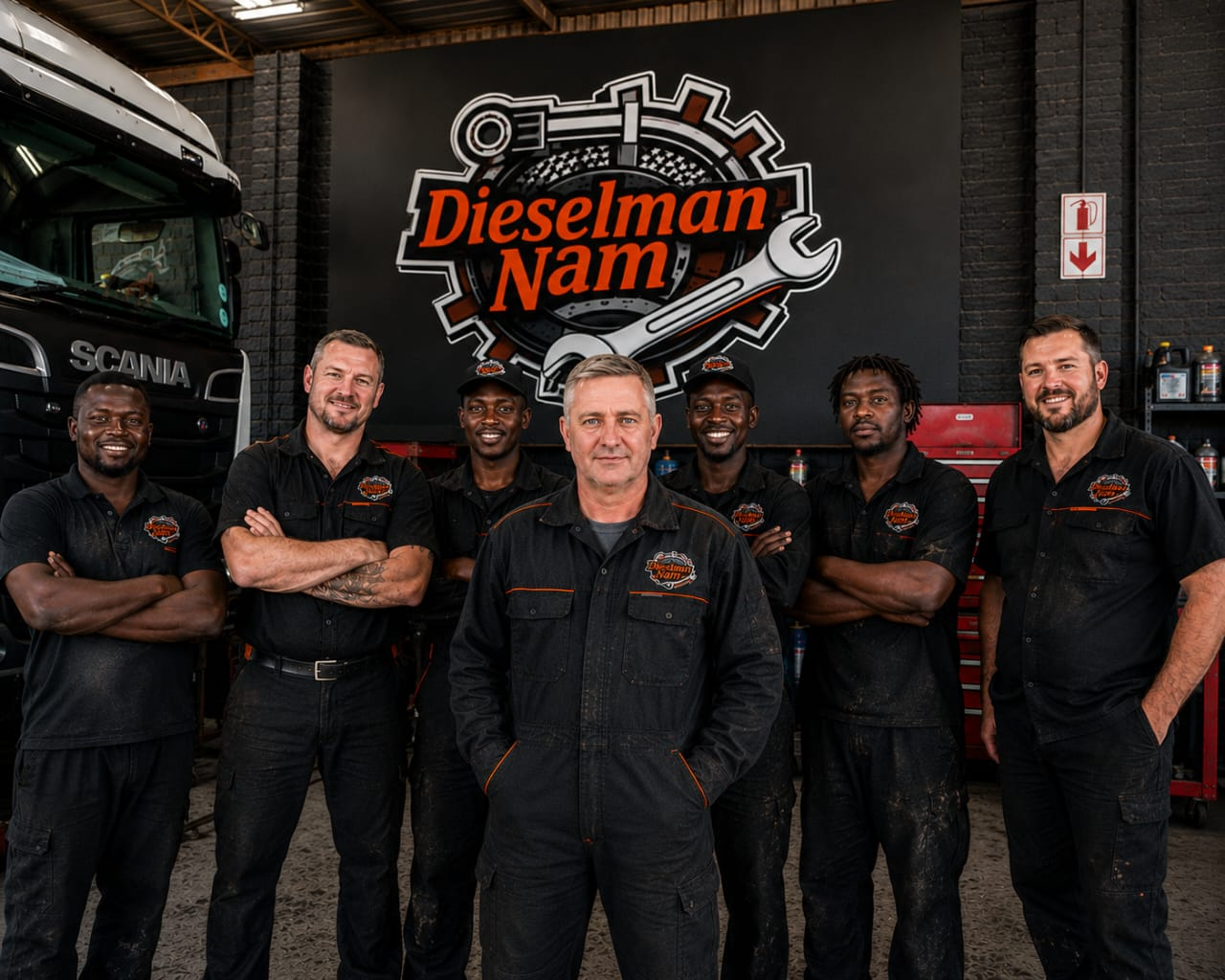 The Dieselman Nam team — seven mechanics in branded black coveralls posing inside the workshop with a Scania truck cab and the Dieselman Nam wall sign visible.
